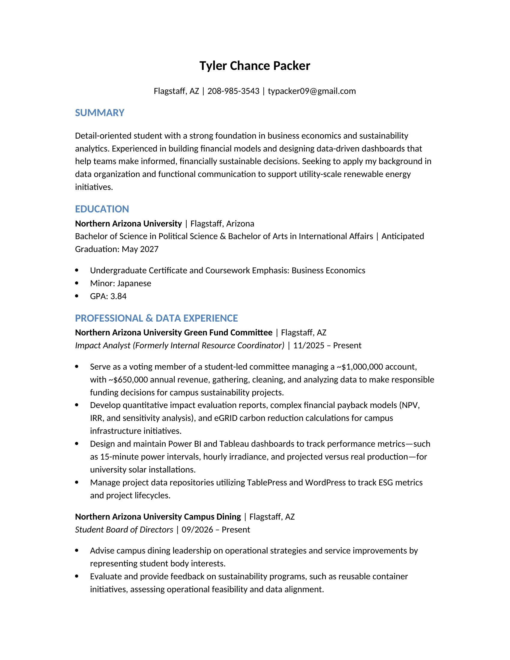 Tyler Packer resume, page 1 of 2