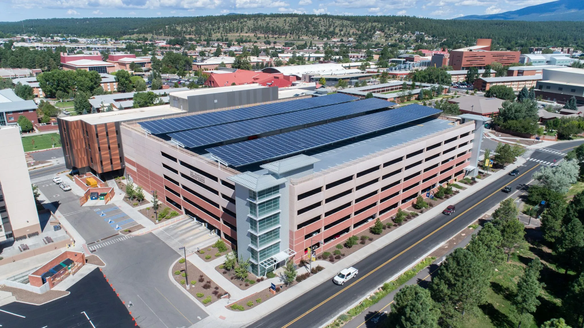 Solar canopy over the top deck of the San Francisco Street parking garage at Northern Arizona University